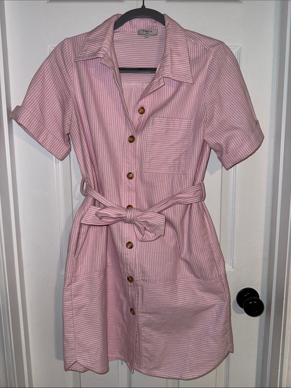 FRNCH Pink Striped Shirt Dress with Tie Waist
